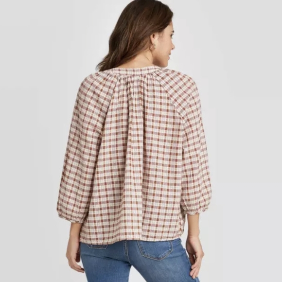 Universal Thread Tan Plaid Peasant Top, XS - Picture 2 of 10